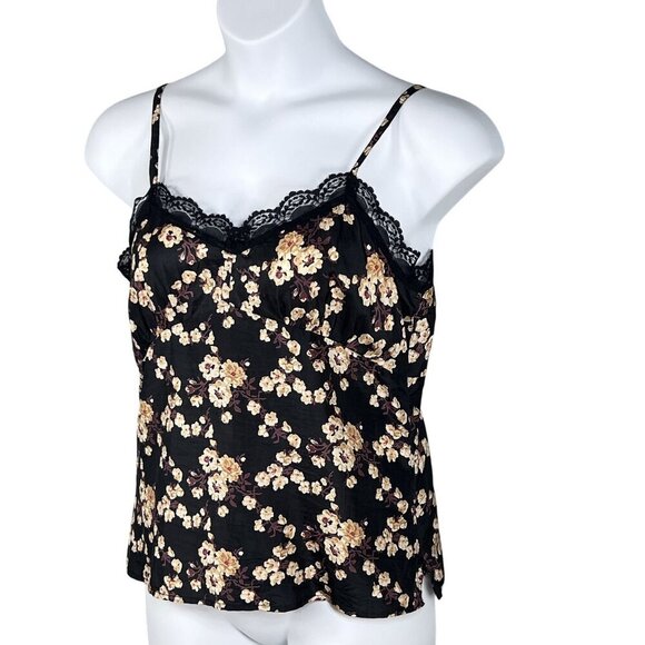 Y2K American Eagle Outfitters Womens 12 Silk Babydoll Dark Floral Lace Trim Cami - Picture 2 of 12